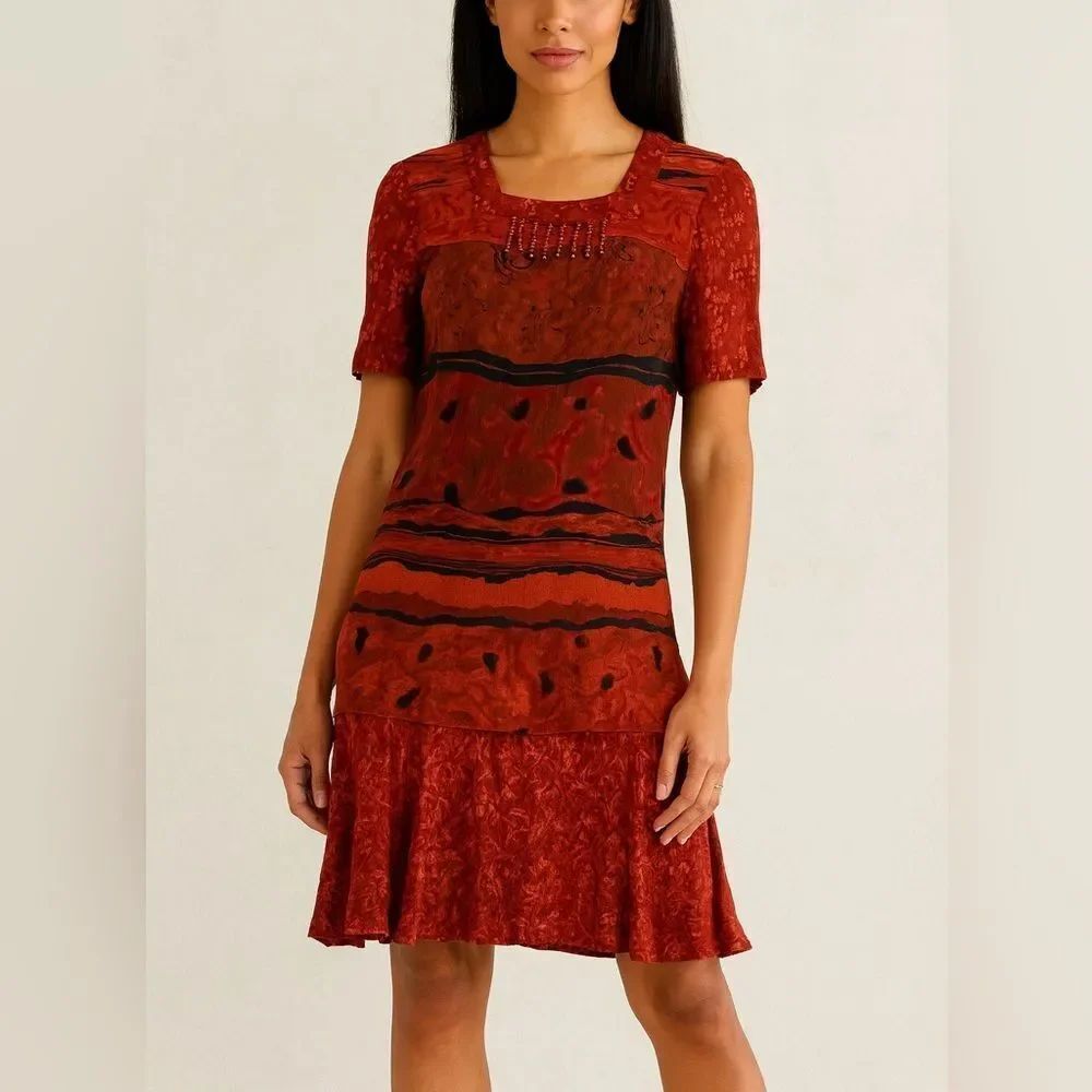 Carole Little Petites 4 Red Abstract Beaded Neckline Shift Dress Vintage